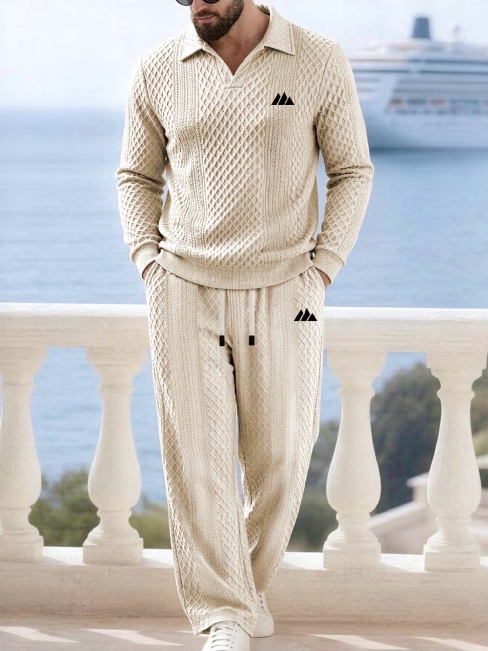 Men's Cream Cable-Knit Collared Sweater 2 pices set